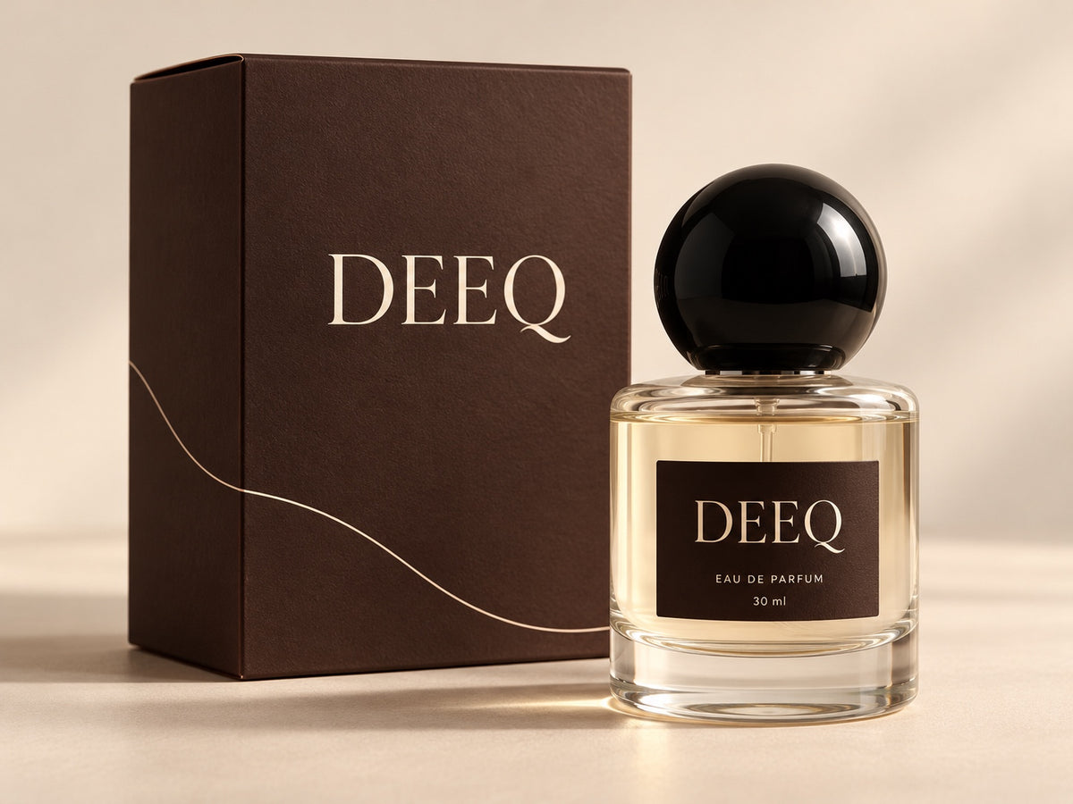 DEEQ fragrance concept with espresso-brown box and black spherical bottle cap